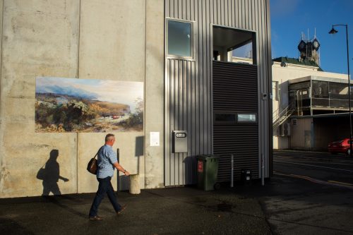 Picture by Tim Cuff 13 April 2021 - MakeShift Spaces Artwalk installations by Paul and Marika from Speedy Signs, Nelson, New Zealand: 'Western Bay of Tasman Bay' by John Gully