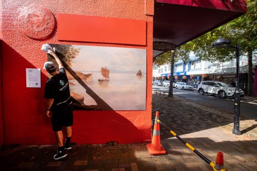 Picture by Tim Cuff 13 April 2021 - MakeShift Spaces Artwalk installations by Paul and Marika from Speedy Signs, Nelson, New Zealand: 'Rocks Road in the Making' by Charlotte Sadd