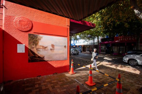Picture by Tim Cuff 13 April 2021 - MakeShift Spaces Artwalk installations by Paul and Marika from Speedy Signs, Nelson, New Zealand: 'Rocks Road in the Making' by Charlotte Sadd