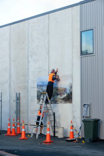 Picture by Tim Cuff 13 April 2021 - MakeShift Spaces Artwalk installations by Paul and Marika from Speedy Signs, Nelson, New Zealand: 'Western Bay of Tasman Bay' by John Gully