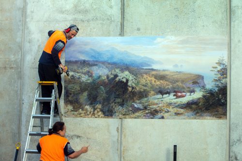 Picture by Tim Cuff 13 April 2021 - MakeShift Spaces Artwalk installations by Paul and Marika from Speedy Signs, Nelson, New Zealand: 'Western Bay of Tasman Bay' by John Gully