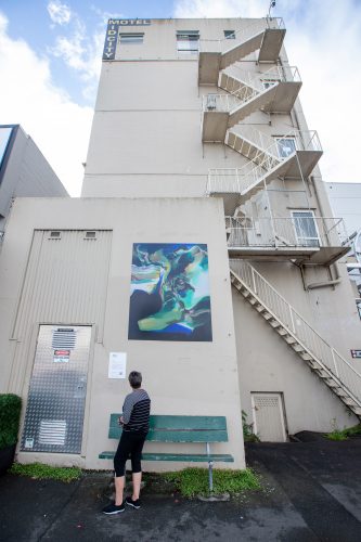 Picture by Tim Cuff 13 April 2021 - MakeShift Spaces Artwalk installations by Paul and Marika from Speedy Signs, Nelson, New Zealand: 'Lake Series 10, Rotoiti' by Brian Strong