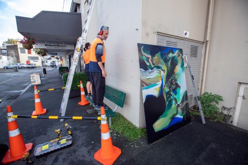 Picture by Tim Cuff 13 April 2021 - MakeShift Spaces Artwalk installations by Paul and Marika from Speedy Signs, Nelson, New Zealand: 'Lake Series 10, Rotoiti' by Brian Strong