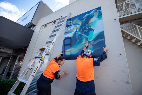 Picture by Tim Cuff 13 April 2021 - MakeShift Spaces Artwalk installations by Paul and Marika from Speedy Signs, Nelson, New Zealand: 'Lake Series 10, Rotoiti' by Brian Strong