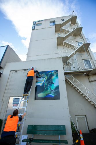 Picture by Tim Cuff 13 April 2021 - MakeShift Spaces Artwalk installations by Paul and Marika from Speedy Signs, Nelson, New Zealand: 'Lake Series 10, Rotoiti' by Brian Strong