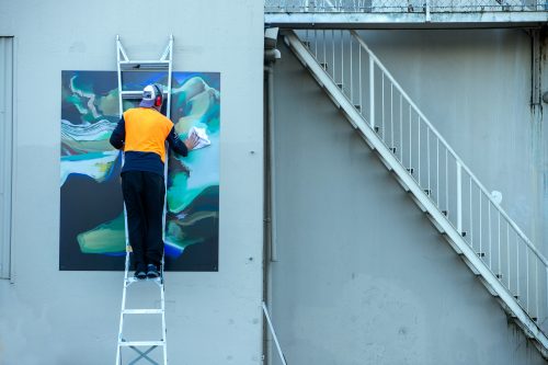 Picture by Tim Cuff 13 April 2021 - MakeShift Spaces Artwalk installations by Paul and Marika from Speedy Signs, Nelson, New Zealand: 'Lake Series 10, Rotoiti' by Brian Strong